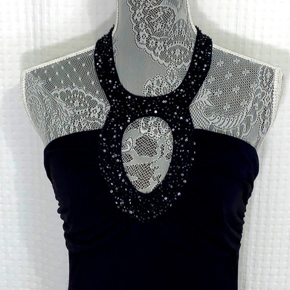 Laundry by Shelli Segal black stretch halter long dress with beading.Size 8. EUC - Picture 2 of 15